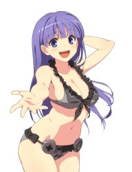 Rule 34 | 1girl, :d, aoi kasumi, arm behind head, arm up, bare arms, bikini, blush, breasts, cleavage, collarbone, commentary request, cowboy shot, eyebrows, frilled bikini, frills, front-tie bikini top, front-tie top, game console, grey bikini, highres, long hair, looking at viewer, medium breasts, navel, nintendo, open mouth, original, outstretched arm, purple eyes, purple hair, ryo mizuse, simple background, smile, solo, super famicom, swimsuit, teeth, white background