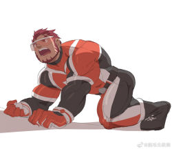 Rule 34 | 1boy, akashi (live a hero), all fours, ass, bara, bodysuit, facial hair, from side, full body, goatee, gradient hair, highres, live a hero, long sideburns, male focus, mature male, multicolored hair, muscular, muscular male, pectorals, red bodysuit, red eyes, red hair, rollingstonex6, short hair, sideburns, skin tight, solo, sunglasses, thick eyebrows, unfinished