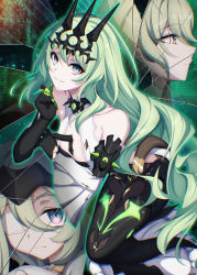 Rule 34 | 2girls, absurdres, asymmetrical gloves, bare shoulders, black dress, chinese wolfberry, claw ring, closed mouth, crown, dress, dual persona, gloves, green eyes, green hair, grin, highres, honkai (series), honkai impact 3rd, klein (honkai impact), long hair, looking at viewer, mismatched gloves, mobius (honkai impact), multiple girls, open mouth, shards, single sleeve, sleeveless, sleeveless dress, smile, teeth