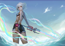 Rule 34 | 10s, 1girl, absurdres, altera (fate), ass, bare shoulders, blue sky, breasts, closed mouth, cowboy shot, cutoffs, dark skin, dark-skinned female, day, denim, denim shorts, energy sword, fate/extella, fate/extra, fate/grand order, fate (series), highres, holding, holding sword, holding weapon, looking at viewer, outdoors, photon ray (fate), red eyes, short hair, short shorts, shorts, sky, small breasts, solo, sword, tollrin-senpai, wading, weapon, white hair