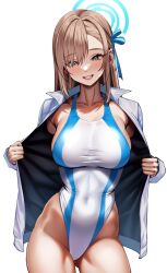 Rule 34 | 1girl, asuna (blue archive), blue archive, blue eyes, blue halo, blue one-piece swimsuit, breasts, competition swimsuit, covered navel, hair over one eye, halo, highleg, highleg swimsuit, highres, large breasts, light brown hair, long hair, looking at viewer, multicolored clothes, multicolored swimsuit, one-piece swimsuit, open clothes, open shirt, smile, solo, standing, swimsuit, two-tone swimsuit, volyz, white one-piece swimsuit