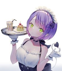 Rule 34 | 1girl, alternate costume, apron, bare shoulders, black tail, bow, breasts, cherry, commentary request, demon girl, demon tail, dress, drink, drinking straw, ear piercing, earrings, fang, food, fork, fruit, gloves, gradient hair, green eyes, hair bow, highres, hololive, jewelry, juice, maid, maid apron, maid headdress, medium breasts, multicolored hair, multiple earrings, nekoponchiar, orange juice, piercing, pink hair, pointy ears, purple hair, short hair, simple background, skin fang, spoon, strap, tail, tokoyami towa, tray, virtual youtuber, white background, white gloves
