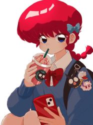 Rule 34 | 1girl, alternate costume, blue bow, blue eyes, bow, cellphone, drinking straw, drinking straw in mouth, hair bow, charm (object), mousse (duck) (ranma 1/2), p-chan, phone, ranma-chan, ranma 1/2, red bow, red hair, sanamaru (sana79261827), shampoo (cat), simple background, solo, white background