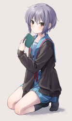 Rule 34 | 1girl, absurdres, black socks, blue sailor collar, blue skirt, blush, book, brown cardigan, brown eyes, cardigan, closed mouth, collarbone, commentary request, ears, expressionless, full body, grey background, highres, holding, holding book, jimmy madomagi, kita high school uniform, kneehighs, kneeling, knees, long sleeves, looking at viewer, nagato yuki, open cardigan, open clothes, purple hair, red ribbon, ribbon, sailor collar, school uniform, serafuku, shadow, short hair, sidelocks, simple background, skirt, socks, solo, suzumiya haruhi no yuuutsu, thighs, winter uniform
