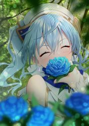 Rule 34 | 1girl, bare shoulders, blue flower, blue hair, blue rose, blush, branch, closed eyes, earrings, facing viewer, flower, hat, highres, hinata kokage, holding, holding flower, hololive, hoshimachi suisei, jewelry, outdoors, rose, side ponytail, solo, star (symbol), star in eye, symbol in eye, tree, virtual youtuber, white hat