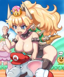 Rule 34 | 1girl, absurdres, alternate form, armlet, bare shoulders, bent over, black leotard, blonde hair, blue eyes, bowsette, bracelet, breasts, carrying, carrying person, cleavage, collar, crown, day, dress, elephant mario, elephant peach, english text, facial hair, hand up, hat, highres, horns, jewelry, large breasts, leotard, long hair, long sleeves, looking at another, mario, mario (series), mustache, new super mario bros. u deluxe, nintendo, open mouth, outdoors, pointy ears, princess peach, profitshame, red pupils, sharp teeth, spiked armlet, spiked bracelet, spiked collar, spiked shell, spiked tail, spikes, strapless, strapless leotard, super crown, super mario bros. wonder, tail, talking flower (mario), teeth, thighhighs, turtle shell, v-shaped eyebrows, very long hair, wide-eyed