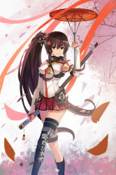 Rule 34 | 10s, 1girl, absurdres, black thighhighs, breasts, brown hair, cherry blossoms, clothes writing, commentary request, detached sleeves, artistic error, gradient background, highres, holding, holding sword, holding umbrella, holding weapon, holster, kantai collection, katana, mag (huangmag), parasol, petals, ponytail, revision, scabbard, sheath, sheathed, single thighhigh, skirt, smile, solo, sword, thighhighs, umbrella, walking, weapon, yamato (kancolle)