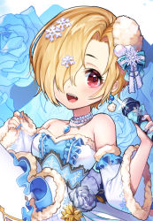 Rule 34 | 1girl, bare shoulders, blonde hair, blue flower, blue nails, blue ribbon, blush, bow, breasts, detached sleeves, dress, earrings, fang, floral background, flower, frilled dress, frilled sleeves, frills, fur trim, hair bow, hair ornament, hair over one eye, holding, holding microphone, idolmaster, idolmaster cinderella girls, idolmaster cinderella girls starlight stage, jewelry, lerome, microphone, multiple necklaces, nail polish, necklace, open mouth, parted bangs, pearl necklace, pendant, red eyes, ribbon, rose, shirasaka koume, short hair, sleeves past wrists, small breasts, smile, snowflake hair ornament, snowflake print, solo, strapless, strapless dress, swept bangs, tube dress, white flower, white rose, yellow flower