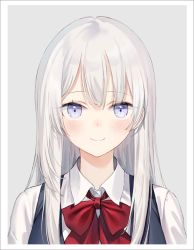Rule 34 | 1girl, blue eyes, blue vest, blush, border, closed mouth, collared shirt, commentary, emyo, english commentary, long hair, looking at viewer, neck ribbon, original, portrait, red ribbon, ribbon, school uniform, shirt, silver hair, simple background, smile, solo, vest, white shirt