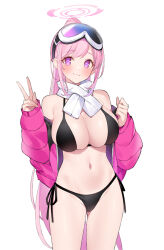 Rule 34 | 1girl, bikini, black bikini, blue archive, blush, breasts, closed mouth, eimi (blue archive), eimi (swimsuit) (blue archive), goggles, goggles on head, groin, halo, jacket, large breasts, long hair, long sleeves, looking at viewer, navel, official alternate costume, open clothes, open jacket, pink eyes, pink hair, pink halo, pink jacket, ponytail, popqn, sideboob, simple background, ski goggles, smile, solo, stomach, swimsuit, v, very long hair, white background