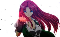 Rule 34 | 1girl, backlighting, black gloves, blue eyes, breasts, cleavage, clenched hand, elbow gloves, fingerless gloves, gloves, highres, hong meiling, large breasts, long hair, looking at viewer, nekominase, open clothes, open vest, puffy short sleeves, puffy sleeves, red hair, shirt, short sleeves, smile, solo, touhou, very long hair, vest, wind