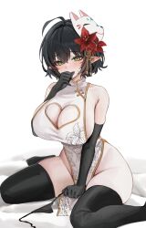 Rule 34 | 1girl, ahoge, black gloves, black hair, black thighhighs, breasts, china dress, chinese clothes, cleavage cutout, closed mouth, clothing cutout, dress, elbow gloves, flower, fox mask, gloves, gompang 11, green eyes, hair between eyes, hair flower, hair ornament, highres, large breasts, looking at viewer, mask, mask on head, medium hair, original, pointy ears, red flower, simple background, sitting, skindentation, solo, thick thighs, thighhighs, thighs, white background, white dress