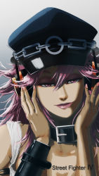 Rule 34 | 1girl, bracer, choker, collar, final fight, half-closed eyes, hat, headphones, highres, lips, lipstick, listening to music, long hair, looking at viewer, makeup, nail polish, nose, peaked cap, pink eyes, pink hair, pink nails, poison (final fight), red eyes, shado.tan, solo, street fighter, street fighter iv (series), tank top