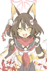 Rule 34 | 1girl, :d, abara heiki, animal ear fluff, animal ears, black hair, blue archive, blue sailor collar, fang, fox ears, fox hair ornament, fox tail, gloves, hair between eyes, halo, highres, izuna (blue archive), looking at viewer, neckerchief, one side up, open mouth, partially fingerless gloves, red neckerchief, red scarf, sailor collar, scarf, simple background, smile, solo, tail, white background, yellow eyes