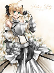 Rule 34 | 1girl, ahoge, armor, armored dress, artoria pendragon (all), artoria pendragon (fate), bad deviantart id, bad id, bare shoulders, blonde hair, bow, capcom, character name, detached sleeves, dress, fate/stay night, fate/unlimited codes, fate (series), flower, gauntlets, green eyes, hair bow, lily (flower), ponytail, rueme, saber (fate), saber lily, smile, solo, watermark, web address
