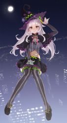 Rule 34 | 1girl, absurdres, blunt bangs, capelet, city lights, cityscape, gloves, grey hair, hairband, hat, highres, hololive, long hair, mary janes, midriff, miniskirt, moon, murasaki shion, murasaki shion (1st costume), navel, nixin404, orange eyes, shoes, skirt, smile, solo, striped clothes, striped thighhighs, thighhighs, virtual youtuber, witch hat, zettai ryouiki