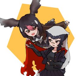 Rule 34 | 2girls, animal ears, aoi suzu (kurone), badger ears, badger tail, bandaid, bandaid on face, bandaid on nose, bent over, bird girl, bird tail, bird wings, black hair, brown eyes, cape, collarbone, colored inner hair, dress shirt, elbow gloves, extra ears, facial scar, fang, fingerless gloves, floating, gloves, greater honeyguide (kemono friends), grey hair, head wings, highres, jacket, kemono friends, long hair, long sleeves, looking at another, medium hair, multicolored hair, multiple girls, open clothes, open jacket, open mouth, open shirt, pink hair, pleated skirt, raised eyebrow, ratel (kemono friends), red cape, scar, scar on cheek, scar on face, shirt, shirt under shirt, sidelocks, skirt, smile, tail, undershirt, v-shaped eyebrows, very long hair, wings