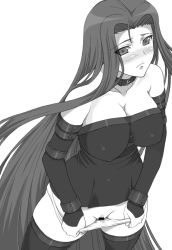 Rule 34 | 00s, 1girl, bar censor, blush, breasts, censored, choker, cleavage, covered erect nipples, detached sleeves, dress, fate/stay night, fate (series), female pubic hair, greyscale, large breasts, long hair, medusa (fate), medusa (rider) (fate), monochrome, panties, panty pull, pubic hair, pussy, shichimenchou, solo, square pupils, strapless, strapless dress, thighhighs, underwear