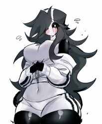 Rule 34 | baseball cap, black hair, black sclera, black skin, black tears, blush, breasts, colored sclera, colored skin, creatures (company), embarrassed, ethan (pokemon), game freak, genderswap, genderswap (mtf), hat, jacket, large breasts, long hair, looking at viewer, messy hair, midriff, multicolored skin, navel, nintendo, off-shoulder jacket, off shoulder, pokemon, pokemon gsc, pokemon lost silver, shorts, thick thighs, thighs, usa37107692, very long hair, white eyes, white skin, wide hips