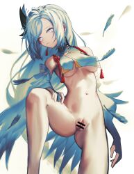 Rule 34 | 1girl, bar censor, blue eyes, blue hair, breasts, censored, closed mouth, crop top, detached sleeves, expressionless, feathers, female focus, genshin impact, groin, highres, iumu, long hair, looking at viewer, medium breasts, navel, pussy, shenhe (genshin impact), solo, underboob