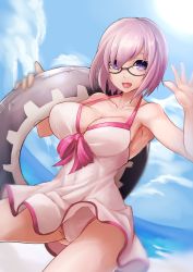 Rule 34 | 1girl, :d, absurdres, armpits, bare arms, bare shoulders, beach, black-framed eyewear, blue sky, blush, breasts, cleavage, collarbone, cowboy shot, day, dress, fate/grand order, fate (series), glasses, gluteal fold, hair over one eye, halterneck, highres, innertube, large breasts, light purple hair, looking at viewer, mash kyrielight, mash kyrielight (swimsuit of perpetual summer), official alternate costume, open mouth, outdoors, panties, pantyshot, purple eyes, short hair, sky, smile, solo, sowel (sk3), standing, sunlight, swim ring, underwear, white dress, white panties