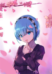 Rule 34 | 10s, 1girl, :p, blue eyes, blue hair, breast hold, breasts, cherry blossoms, eyebrows, finger to mouth, flower, hair between eyes, hair ornament, hairband, highres, index finger raised, licking, licking finger, long sleeves, looking at viewer, matching hair/eyes, medium breasts, motion blur, petals, pink flower, re:zero kara hajimeru isekai seikatsu, rem (re:zero), short hair, sketch, solo, sweater, tongue, tongue out, upper body, wujia xiaozi, x hair ornament