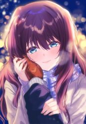 Rule 34 | 1boy, 1girl, a-chan senpai, alternate costume, backlighting, blue eyes, blurry, blush, breath, brown coat, brown hair, brown mittens, closed mouth, coat, commentary, depth of field, eyelashes, fingernails, grabbing another&#039;s arm, hair between eyes, hand on another&#039;s cheek, hand on another&#039;s face, happy, hetero, highres, holding hands, light particles, lips, little busters!, long hair, long sleeves, looking at viewer, miiizuno lbs, mittens, natsume kyousuke, night, outdoors, plaid, plaid scarf, pov, pov hands, scarf, sidelocks, smile, solo focus, straight-on, upper body, very long hair, winter, winter clothes
