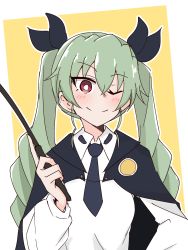 Rule 34 | 1girl, ame (amechan17391739), anchovy (girls und panzer), bad id, bad pixiv id, black cape, black necktie, black ribbon, blush, bright pupils, brown eyes, cape, closed mouth, collared shirt, drill hair, girls und panzer, green hair, hair ribbon, highres, long hair, long sleeves, looking at viewer, necktie, one eye closed, ribbon, shirt, smile, solo, twin drills, white pupils, white shirt