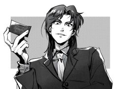 Rule 34 | 1boy, blazer, buttoned cuffs, buttons, card, collared shirt, commentary request, fingernails, formal, greyscale, grin, highres, holding, holding card, ichijou seiya, jacket, kaiji, long hair, long sleeves, looking at viewer, male focus, medium bangs, monochrome, necktie, parted bangs, shirt, siralkali, smile, solo, suit, upper body