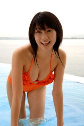 Rule 34 | 1girl, asian, bikini, bra, breasts, brown hair, cleavage, dripping, fog, hanging breasts, hara mikie, japanese (nationality), large breasts, laughing, leaning forward, long hair, photo (medium), pool, smile, squeezing, standing, swimsuit, underwear, water, waves, wet