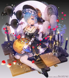 Rule 34 | 1girl, apple caramel, artist name, balloon, black dress, black footwear, black hat, blue eyes, blue hair, book, breasts, brooch, candle, candlestand, candy, character name, choker, cleavage, copyright name, dress, female focus, fire, food, frills, full body, ghost, gloves, gold trim, hair ornament, hair over one eye, hair ribbon, halloween, hat, hat ornament, hexagram, highres, jack-o&#039;-lantern, jewelry, looking at viewer, maid, matching hair/eyes, medium breasts, moon, open book, open mouth, petals, puffy sleeves, re:zero kara hajimeru isekai seikatsu, rem (re:zero), ribbon, short hair, sitting, solo, star of david, thighhighs, tombstone, white gloves, white thighhighs, wrapped candy, x hair ornament