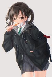 Rule 34 | 1girl, :o, absurdres, bad id, bad pixiv id, black jacket, black skirt, blush, brown eyes, brown hair, collared shirt, commentary request, cowboy shot, eating, food, green necktie, grey background, hair between eyes, hand in pocket, hand up, highres, hood, hood down, hooded jacket, huge filesize, idolmaster, idolmaster cinderella girls, jacket, long hair, long sleeves, looking at viewer, mask, mask pull, miniskirt, mole, mole under eye, mouth mask, necktie, open mouth, sakura honoka (srhk0623), sharp teeth, shirt, simple background, skirt, sleeves past wrists, solo, standing, striped necktie, striped neckwear, sunazuka akira, surgical mask, teeth, twintails, wavy hair, white shirt