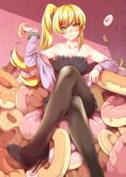 Rule 34 | 10s, 1girl, aged up, bakemonogatari, bare shoulders, black pantyhose, blonde hair, breasts, brown pantyhose, crossed legs, detached sleeves, doughnut, fang, food, high heels, highres, holding, kiss-shot acerola-orion heart-under-blade, monogatari (series), nisemonogatari, oshino shinobu, pantyhose, red eyes, shoes, side ponytail, sitting, small breasts, solo, uousa-ou, yellow eyes