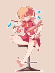 Rule 34 | 1girl, ascot, bar stool, barefoot, blonde hair, blunt bangs, brooch, bucket, closed eyes, commentary, eating, fangs, flandre scarlet, fried chicken, highres, jewelry, nail polish, no headwear, pointy ears, puffy short sleeves, puffy sleeves, short sleeves, side ponytail, simple background, sitting, skirt, skirt set, solo, stool, touhou, wings, wrist cuffs, yoruny