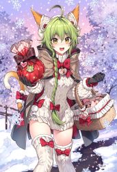 Rule 34 | 1girl, ahoge, animal ear fluff, animal ears, basket, black gloves, blush, bow, bowtie, braid, braided ponytail, brown cape, cape, cat ears, cat girl, cat tail, chain chronicle, fangs, forest, fur trim, gloves, green hair, hair between eyes, hair bow, heart, highres, lince (chain chronicle), long hair, looking at viewer, nardack, nature, open mouth, outdoors, red bow, red bowtie, ribbed sweater, side ponytail, slit pupils, smile, snow, snowflakes, snowing, solo, standing, sweater, tail, tail bow, tail ornament, tail raised, thighhighs, very long hair, white sweater, white thighhighs, yellow eyes