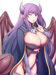 Rule 34 | 1girl, alma elma, black panties, blue cape, breasts, cape, cleavage, collared cape, demon girl, demon horns, demon tail, demon wings, facial mark, female focus, finger to cheek, highleg, highleg panties, highres, horns, large breasts, long hair, mon-musu quest!, navel, one eye closed, open mouth, panties, pointy ears, purple hair, raichi (ddq0246), revealing clothes, simple background, solo, tail, thong, underwear, very long hair, white background, wide hips, wings, wink