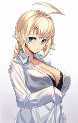 Rule 34 | 1girl, ahoge, black bra, blazblue, blonde hair, blue eyes, bra, braid, breasts, cleavage, closed mouth, collarbone, collared shirt, es (xblaze), gradient background, highres, large breasts, long hair, long sleeves, open clothes, open shirt, shirt, single braid, sleeves past wrists, solo, takanashi-a, underwear, upper body, white background, white shirt