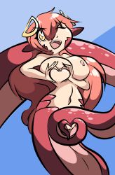 Rule 34 | 1girl, chibi, cleft of venus, heart-shaped boob challenge, highres, looking at viewer, miia (monster musume), monster musume no iru nichijou, nipples, one eye closed, open mouth, pussy, smile, solo