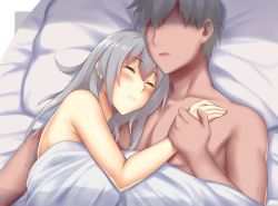 Rule 34 | 10s, 1boy, 1girl, afterglow, arcie albano, bed, bed sheet, blush, couple, dark-skinned male, dark skin, faceless, faceless male, gangut (kancolle), grey hair, hetero, hug, kantai collection, long hair, lying, nude, on back, on bed, parted lips, short hair, sleeping