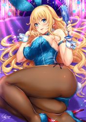 Rule 34 | 1girl, adapted costume, animal ears, artist name, ass, atago (kancolle), back-seamed legwear, blonde hair, blue eyes, blue footwear, blue leotard, blush, breasts, rabbit tail, couch, cup, curvy, detached collar, drinking glass, earrings, fake animal ears, fake tail, hand on own cheek, hand on own face, high heels, highres, hip focus, huge ass, indoors, jewelry, kantai collection, large breasts, legs, leotard, long hair, looking at viewer, lying, nail art, on side, pantyhose, parted lips, playboy bunny, purple background, sakiyamama, seamed legwear, sideboob, signature, smile, solo, sparkle, star (symbol), star earrings, tail, thick thighs, thighs, toasting (gesture), wide hips, wine glass, wrist cuffs