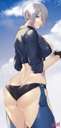 Rule 34 | 1girl, angel (kof), ass, back, black gloves, black panties, blue eyes, blue jacket, breasts, butt crack, chaps, cloud, cowboy shot, crop top, cropped jacket, fingerless gloves, from behind, gloves, hair over one eye, highres, jacket, large breasts, leather, looking at viewer, midriff, murata tefu, panties, revealing clothes, short hair, sky, snk, solo, the king of fighters, the king of fighters xv, underwear, white hair