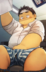 Rule 34 | belt, blush, boxer briefs, fat, fat man, hands on penis, highres, inamori (tamacolle), looking down, male focus, male underwear, mandu kuma, notebook, open belt, open pants, pants, paper, polo shirt, sleeves rolled up, sweat, sweatdrop, tamacolle, thick eyebrows, underwear