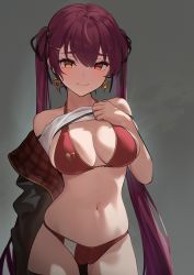Rule 34 | 1girl, absurdres, arrow through heart, bare shoulders, bikini, bikini under clothes, blush, breasts, cleavage, closed mouth, clothes lift, cowboy shot, earrings, grey background, hair ornament, hairclip, hand on own chest, heart, heart earrings, heterochromia, highres, hololive, houshou marine, houshou marine (summer), jewelry, kojy, large breasts, lifted by self, long hair, long sleeves, looking at viewer, navel, off shoulder, orange eyes, purple hair, red bikini, red hair, shirt, shirt lift, simple background, skindentation, smile, solo, stomach, swimsuit, twintails, very long hair, virtual youtuber, white shirt