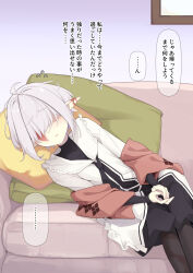 Rule 34 | ..., 1girl, abelia (ogami kazuki), ahoge, black dress, black necktie, black pantyhose, burn scar, closed mouth, couch, dress, facing viewer, feet out of frame, flying sweatdrops, grey hair, hair over eyes, highres, indoors, long sleeves, lying, necktie, ogami kazuki, on couch, on side, original, own hands together, pantyhose, pillow, pointy ears, scar, solo, spoken ellipsis, thick eyebrows, translated, white dress