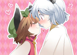 Rule 34 | !?, 2girls, animal ears, bad id, bad pixiv id, blush, brown hair, cat ears, cat girl, chen, closed eyes, female focus, grey hair, hammer (sunset beach), hat, heart, imminent kiss, mouse ears, multiple girls, nazrin, nose blush, noses touching, red eyes, short hair, smile, sweatdrop, touhou