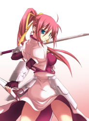Rule 34 | 00s, 1girl, ahoge, arm guards, armor, blue eyes, breasts, cropped jacket, duplicate, fingerless gloves, floating hair, gloves, hair ribbon, jacket, laevatein (nanoha), long hair, looking at viewer, looking back, lyrical nanoha, magical girl, mahou shoujo lyrical nanoha, mahou shoujo lyrical nanoha a&#039;s, open clothes, open jacket, pink hair, ponytail, red hair, ribbon, scabbard, serious, sheath, signum, soba (saz), solo, sword, very long hair, waist cape, weapon