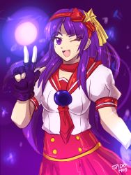 Rule 34 | 1girl, asamiya athena, breasts, commentary, fingerless gloves, gloves, hair ornament, hairband, lapres, long hair, looking at viewer, one eye closed, purple eyes, purple hair, red hairband, school uniform, serafuku, skirt, smile, snk, solo, star (symbol), star hair ornament, the king of fighters, the king of fighters xiv