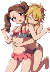 2girls ^_^ absurdres barefoot bikini bikini_skirt blonde_hair brown_hair closed_eyes closed_eyes highres hoshii_miki idolmaster idolmaster_(classic) minase_iori multiple_girls rariemonn red_eyes swimsuit