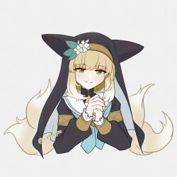 Rule 34 | 1girl, alternate costume, aqua neckerchief, arknights, black dress, blonde hair, blue archive, cielrayze, commentary, cosplay, cropped torso, dress, flower, fox tail, gradient hair, green eyes, habit, hat, hat flower, head tilt, looking at viewer, mari (blue archive), mari (blue archive) (cosplay), multicolored hair, multiple tails, neckerchief, nun, own hands together, sailor collar, short hair, simple background, smile, solo, suzuran (arknights), symbol-only commentary, tail, twitter username, upper body, white background, white flower, white hair, white sailor collar