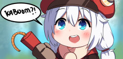 Rule 34 | !?, 1girl, :d, blue eyes, blurry, blurry background, brown gloves, cabbie hat, commentary, company connection, cosplay, crossover, dynamite, english commentary, english text, explosive, genshin impact, gloves, hat, holding, honkai (series), honkai impact 3rd, hualing, jacket, klee (genshin impact), klee (genshin impact) (cosplay), long hair, long sleeves, looking at viewer, mihoyo, neppuru, open mouth, outdoors, red hat, red jacket, smile, solo, speech bubble, theresa apocalypse, theresa apocalypse (celestial hymn), twintails, upper body, voice actor connection, white hair
